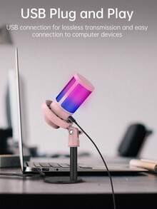 1個 USB 插頭 RGB 電競電容式麥克風，即插即用電腦麥克風，具備降噪、觸控靜音、回聲音量控制、旋轉增益旋鈕，適用於直播、Podcast、影片錄製、遊戲語音 - 粉色 - 查看 7