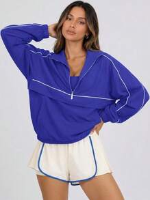 Never me Women's Sports Jacket Stand Collar Zipper Contrast Stitching Short Loose Long Sleeve Outerwear - Blue - View 4