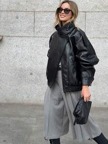 ACKCER Women's Black Asymmetric Placket Stand Collar Drop Shoulder Elastic Ribbed Hem Loose Motorcycle Jacket, Autumn/Winter - Black - View 4