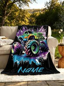 Personalized Monster Truck Throw Blanket For Kids, Custom Name Colorful Cartoon Lightweight Blanket, Soft Warm Winter Blanket, Suitable For Kids - Multicolor - View 2