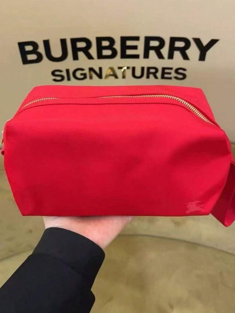 Bright Red Satin Makeup Bag With Embossed Horse & Rider Logo, Gold Zipper, Portable Handle, Large Capacity Travel Toiletry Bag, Luxury Gift For Women BURBERRY-GIFT-16 - Brown - View 1
