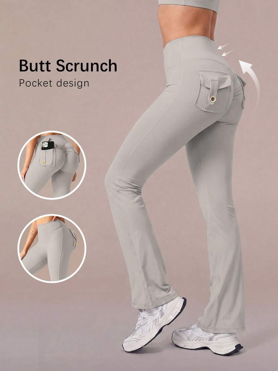 6pecil High Waist Flared Yoga Pants With Pockets, Ruched Butt Flared Pants, Tummy Control Anti-Wrinkle Design Sports Flared Pants, Autumn Outfit