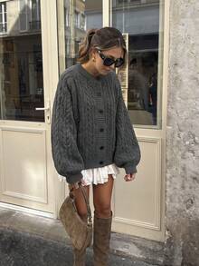 Women Fall Winter Going Out Tops Black Sweater Y2k Long-Sleeve Button-Up Cardigan With A Cable Knit Design, Commuting. - Dark Grey - View 8