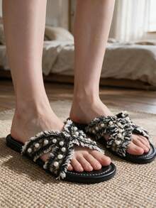Summer New High-End Pearl Round Toe Slippers For Women With Fringed Tassel Flat Sole Outdoor Vacation Travel One-Strap Slide - Black - View 2
