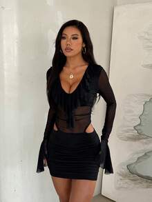 Autumn Black Ruffle Mesh Patchwork Long Sleeve Bodycon Dress, Party, Date - Black - View 6