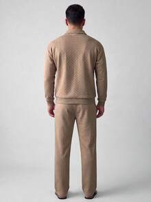 GRDR 男士休閒兩件套：半拉鍊 Polo 衫搭配抽繩直筒長褲 - 卡其色 - 查看 2