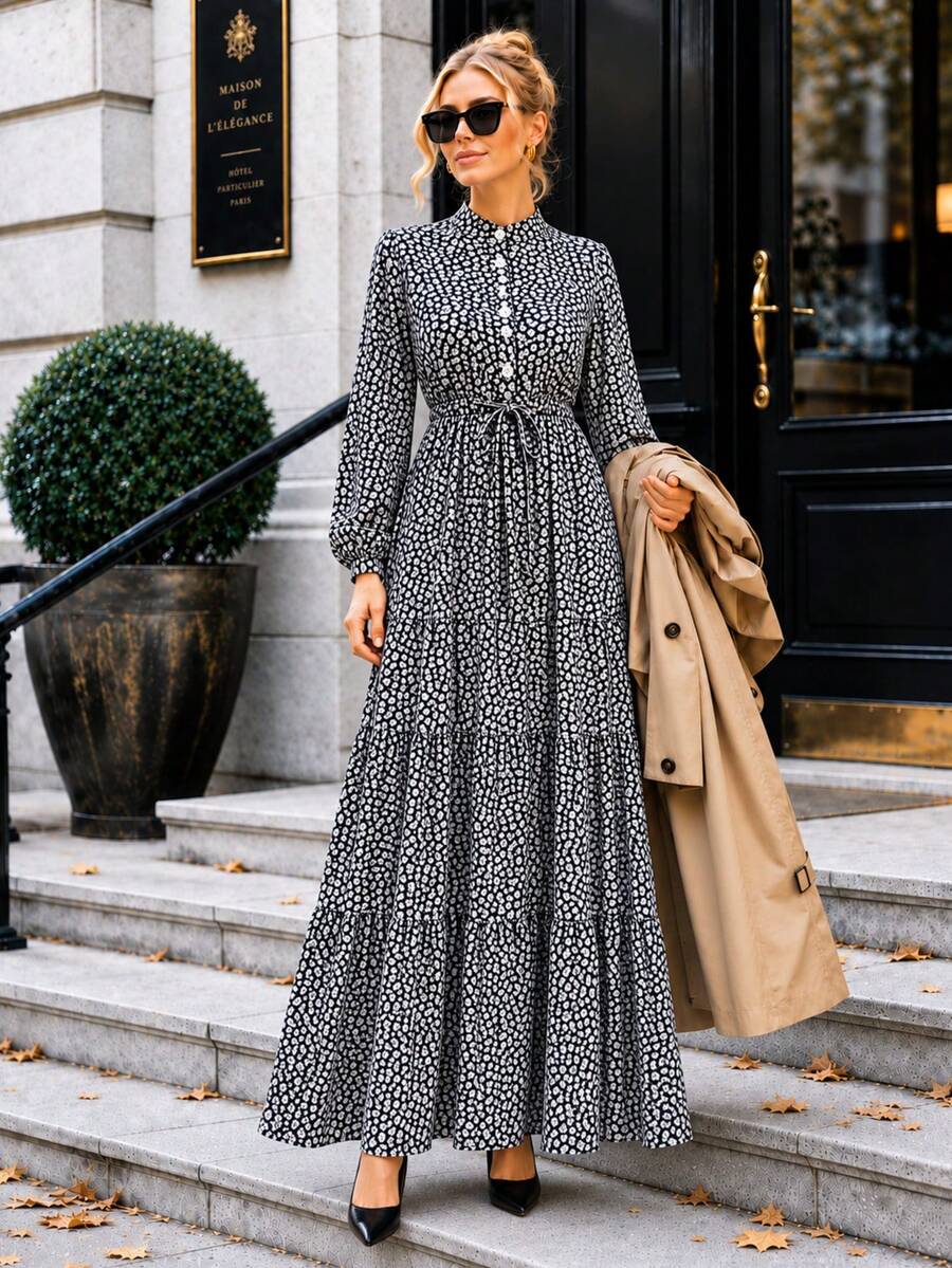 Women's A-Line Floral Maxi Dress With Long Sleeves - Navy Blue - View 1