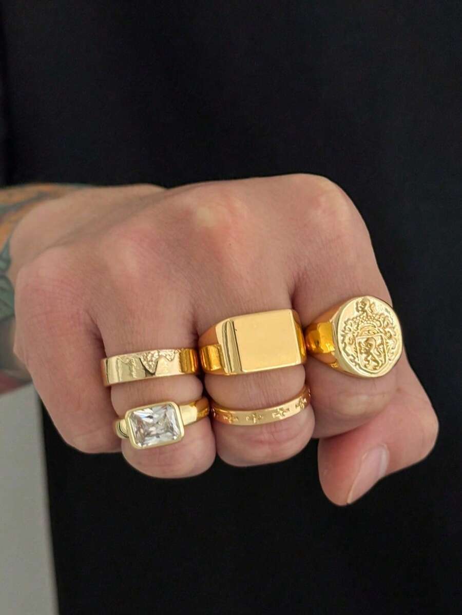 5件組男士復古金色印章戒指套組，壓紋徽章方形鑽石寬版戒指，嘻哈風可疊戴手指戒指禮物飾品