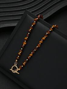 1pc Minimalist Beaded Necklace In Maillard Color Palette, Women's Daily, Vacation, Date, Travel Wear, Perfect Gift Choice - Brown - View 3