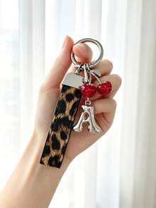 26 Alphabet Car Keychains, Silver Letter Zinc Alloy Accessories, Leopard Print Cherry Pendant, PU Rope Car Lock Key Fob, Car Remote Control Hanging Decoration, Bag Decoration Pendant, Car Key Ring, Key Chain Key Accessories. Holiday Gift, - Letter - View 3