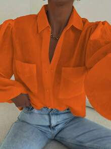 Plus Size Women's Bright Orange Blouse, Loose Fit Puff Lantern Sleeve Double Pocket Lapel Semi-Sheer Sun Protection Commuter Versatile Top - Orange - View 6