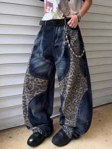 Infinite Jeans 1pc American Street Fashion Men's Patterned Patchwork Leopard Print Denim Jeans Loose Wide Leg Pants Comfortable Versatile All-Season Long Pants (Produk Tidak Termasuk Sabuk dan Aksesoris) - Biru - View 3