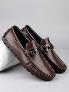 Men's Shiny Metal Horsebit Slip-On Loafers, Microfiber Leather Wear-Resistant Textured Grip Soft Sole, Business Commute Date Casual Versatile Men's Shoes - Brown - View 2