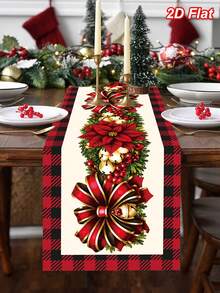 1pc Polyester Christmas Table Runner With Bow, Floral And Black & White Plaid Design, Christmas Tablecloth Table Cover, Christmas Party Dinner Table Decor, Home Christmas Decoration, Xmas Decor, Christmas Decor, Kitchen Decor, Dining Table Decor - Multicolor - View 11