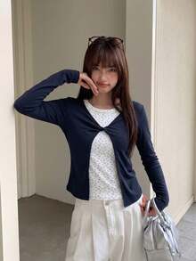 Korean Style Gentle Twist Front Blue & White Colorblock Floral Design Long Sleeve 2 In 1 Women's Autumn/Winter Top - Navy Blue - View 2