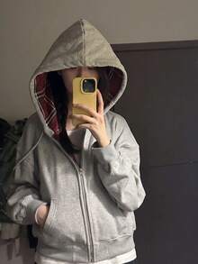 YCYC Korean Style Women's Hooded Sweatshirt, Autumn/Winter Colorblock Plaid Lining Short Zip-Up Sweatshirt Jacket, Loose Fit Long Sleeve Top - Grey - View 2