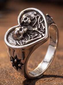1pc Unisex Vintage Oxidized Silver Heart Shaped Double Skull Bone Signet Ring, G Retro Dark Alternative Jewelry For Daily Wear Halloween Party Biker - Silver - View 4