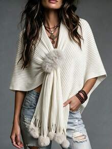 SEREN Women's New Elegant Versatile Shawl, Pom Pom Design Knit Top, Suitable For Daily Wear And Gatherings - Beige - View 2