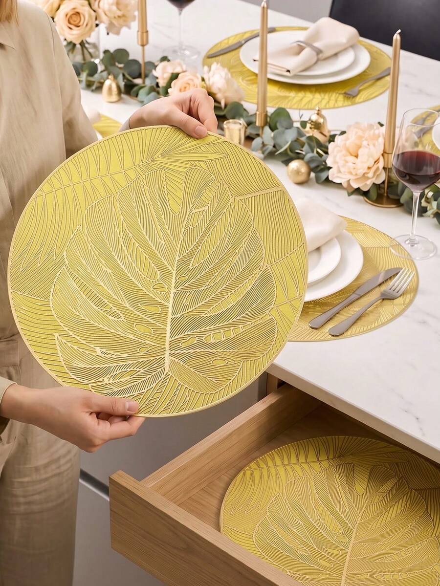 4/120pcs, Gold Round Leaf PVC Placemats, Tabletop Decor Mats, Washable Table Mats, Non-Slip Odorless Western Dining Mats, Suitable For Restaurants, Cafes, Homestays, Fits Holidays, Parties, Gatherings, Birthdays, Weddings, Dinner Parties. - Multicolor - View 1