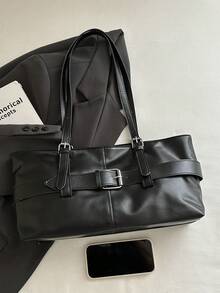 Women's Vintage Buckle Tote Bag, Faux Leather Large Capacity Shoulder Handbag, Adjustable Strap, Suitable For Daily Commute, Business Travel And Casual Use - Black - View 4