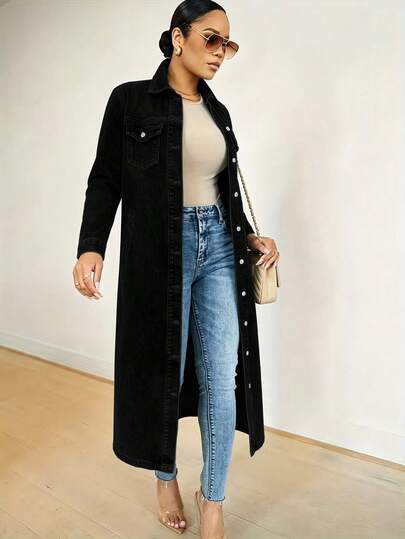HAPPY GIRL#Autumn Winter Casual Fashion Versatile College Elegant Y2K Front Button Long Trench Coat Denim Jacket For Women
