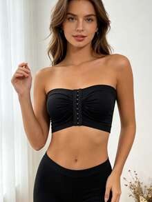 Sexy Front Closure Mesh Strapless Bandeau Bra, Multi-Row Hook-And-Eye Push-Up Wireless Bra, Strapless Bra - Black - View 7
