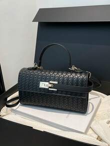 Textured Woven Handbag With Metal Lock Clasp Decor, Detachable Shoulder Strap Rectangular Evening Crossbody Bag, Suitable For Parties And Formal Events - Black - View 8
