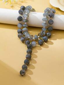 OABE 2pcs/Set Bohemian Style Grey Textured Ball Bead Necklace Including Y-Shaped Necklace And Choker Necklace, Suitable For Women's Daily Wear, Fashionable Autumn Outfit Accessory - Grey - View 4