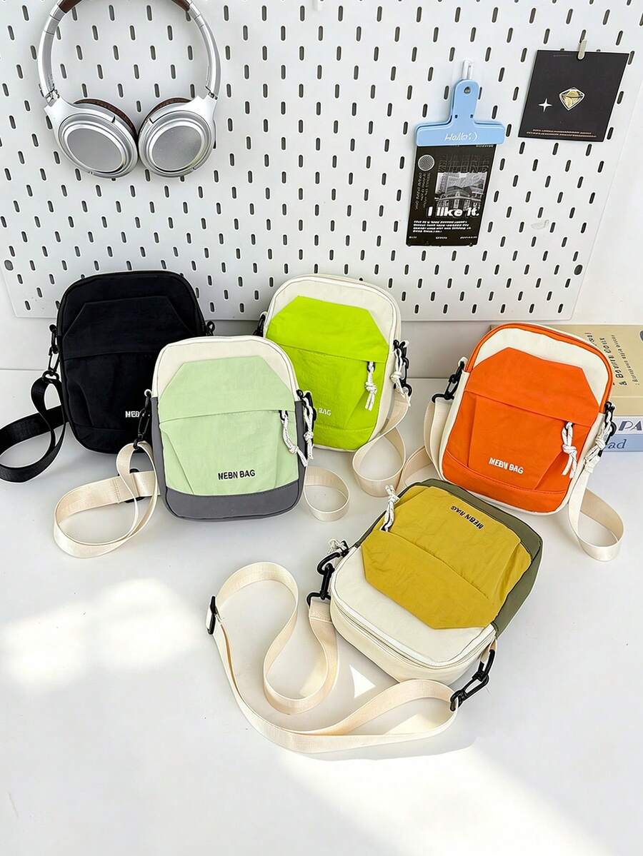 Children's Casual Colorblock Small Crossbody Bag, Lightweight Nylon Sling Bag, Minimalist Student Daily Phone Square Pouch - A - View 1