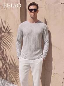 FEIAO Men's Vintage "Old Money Style" Heather Gray Linen Fabric Crew Neck Long Sleeve Casual T-Shirt, All-Season Versatile - Light Grey - View 4