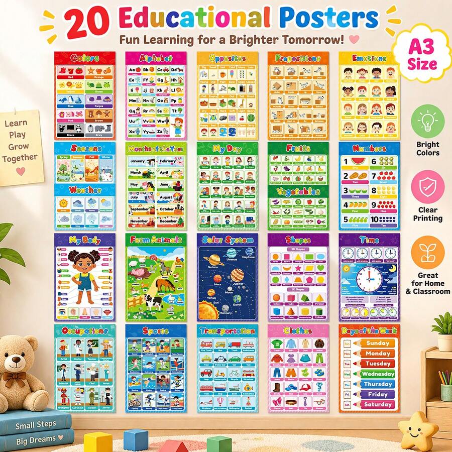 20Pcs A3 Kids Educational Learning Posters, Alphabet Numbers Shapes Colors Weather Solar System Wall Charts, Preschool Homeschool Classroom Teaching Aids For Toddlers