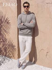 FEIAO Men's Vintage "Old Money Style" Solid Color Fleece Lined Sweatshirt, Suitable For Commuting And Casual Wear, Versatile Styling - Light Grey - View 5