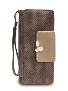 Women's Vintage Straw-Textured PU Long Patchwork Multi-Function Wallet, Large Capacity Card Holder With Exquisite Metal Flower Logo, Casual Wristlet Bag Suitable For Various Occasions - Multicolor - View 14