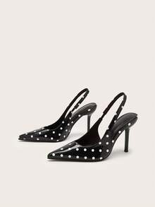Women's Pointed Toe Sexy Red Polka Dot Open Heel Super Thin High Heels - Black - View 2
