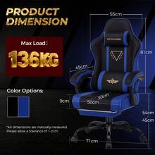 Fabric Gaming Chair With Footrest, Ergonomic Computer Desk Chair With Pocket Spring Cushion Home Office High Back Lumbar Support Heavy Duty Wide - Blue - View 9