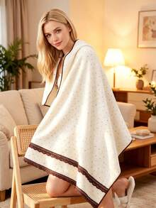 2/1pc Approx. 13.8*29.6in/27.6*55in Fashion Polka Dot Coral Fleece Thickened Towel, Bath Towel, Elegant Vintage Brown Lace Trim, Super Soft Highly Absorbent Quick Dry, Suitable For Home Bathroom Shower, Beach, Spa, Back To School Season - Beige - View 5