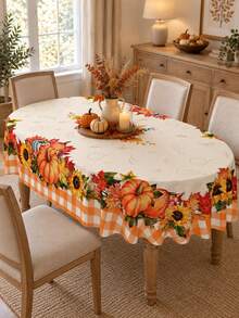 1pc Fall Pumpkin Sunflower Tablecloth, Polyester Rectangular Table Cover With Orange Gingham, Maple Leaf And Floral Border Print, Autumn Decor, Fall Home Decor, Interior Decor, Thanksgiving, Autumn Party, Interior Decoration, Kitchen Decor - Multicolor - View 13