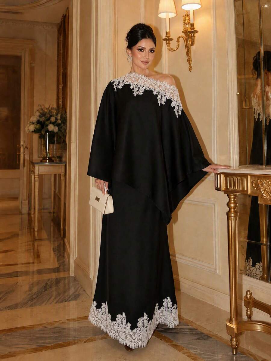 Lace Satin Black Cape Top And Skirts Set For Women Fall Winter Holiday Essentials Halloween Christmas - Black - View 1