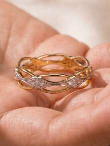 1pc Women Two-Tone Interwoven Twisted Pave Cubic Zirconia Ring, Gold & Silver Tone Openwork Diamond Cluster Dainty Stackable Ring Minimalist Jewelry - Multicolor - View 3