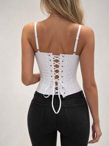 Yuwenier Women's White Lace Trim Fitted Corset Camisole, Backless Short Strap Top, Suitable For Party, Date, Halloween, Music Festival - White - View 6