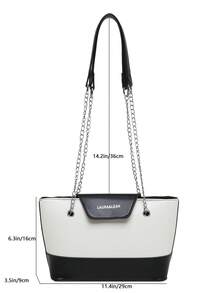 Women Color Block Chain Shoulder Bucket Bag, Letter Print Flap PU Handbag, Detachable Wide Strap, Elegant Daily Crossbody Tote Purse - Multicolor - View 11