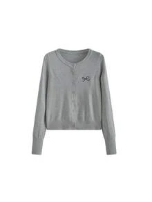 Women's Long Sleeve Embroidered Bow Knit Cardigan Jacket, Premium Autumn/Winter Outerwear - Grey - View 3