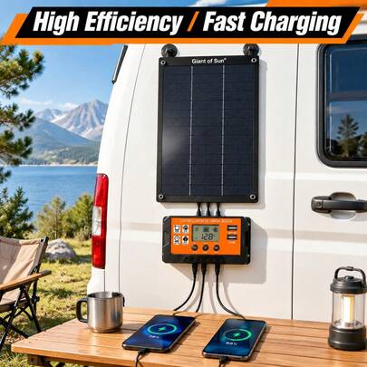Curear 1 Piece Portable Monocrystalline Solar Battery Charger Kit With 100A Controller USB Output For Vehicle RV Marine Boat Car Power Maintenance Off-Grid Emergency Backup System