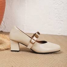 Fashionable High Heel Shoes Neutral PU Leather Buckle Office - Apricot - View 4