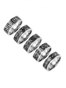 5 Pcs/Set Vintage Stainless Steel Men's Ring Set, Wisteria & Wave Patterns - Ring 5-piece Set - View 9