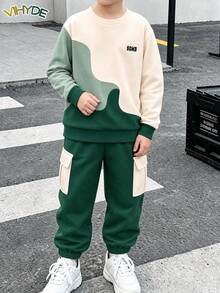 Vihyde Tween Boys Street Style Color-Matched Patchwork Sports Outfit For School, Autumn And Winter Jogging, Workwear Two Pieces Set - Apricot - View 2