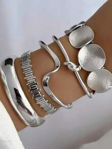 5pcs Fashion Vintage Personalized Casual Women's Stackable Bracelet Set, Minimalist Line Smooth Round Disc Elastic Unique Clasp, Suitable For Daily Casual Wear, Perfect Gift For Friends On Holidays - Silver (5pcs) - View 1