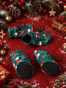 1 Set 4pcs Christmas Style Pet Shoes, Green Christmas Socks With Candy Print Fleece Lining Warm Boots, Adjustable Drawstring Non-Slip Christmas Shoes, Suitable For Small Dogs And Cats - Green - View 6