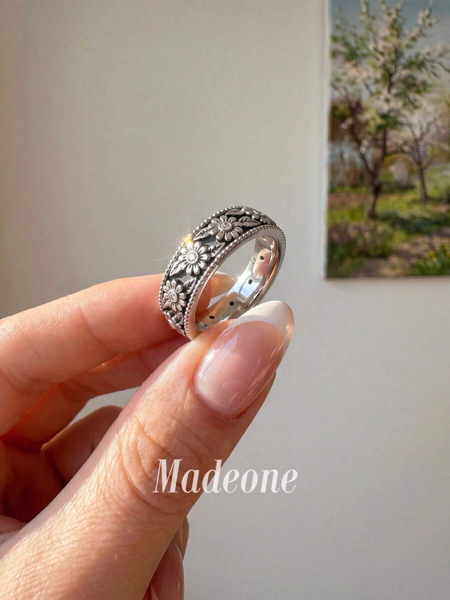 MADEONE 一枚雏菊花叶造型戒指,镶嵌黑白锆石,6号,优雅珠宝礼品,适合女性,可作为订婚、结婚纪念日、生日礼物。 - 銀色 - 查看 1