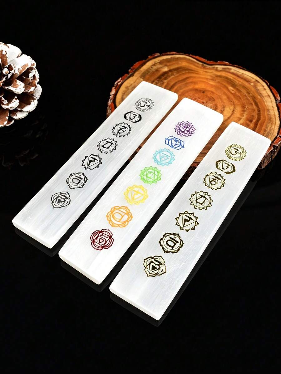 Translucent Gypsum 7 Chakra Long Slab Natural Gypsum Stone Ornament Yoga Meditation Crystal Stone Board Desktop Decor Craft
